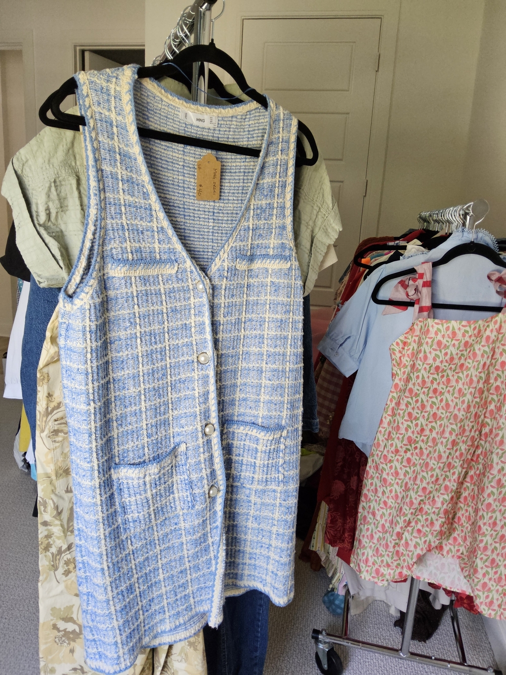 Mango Light Blue and Cream Tweed Vest Dress|| Size Large